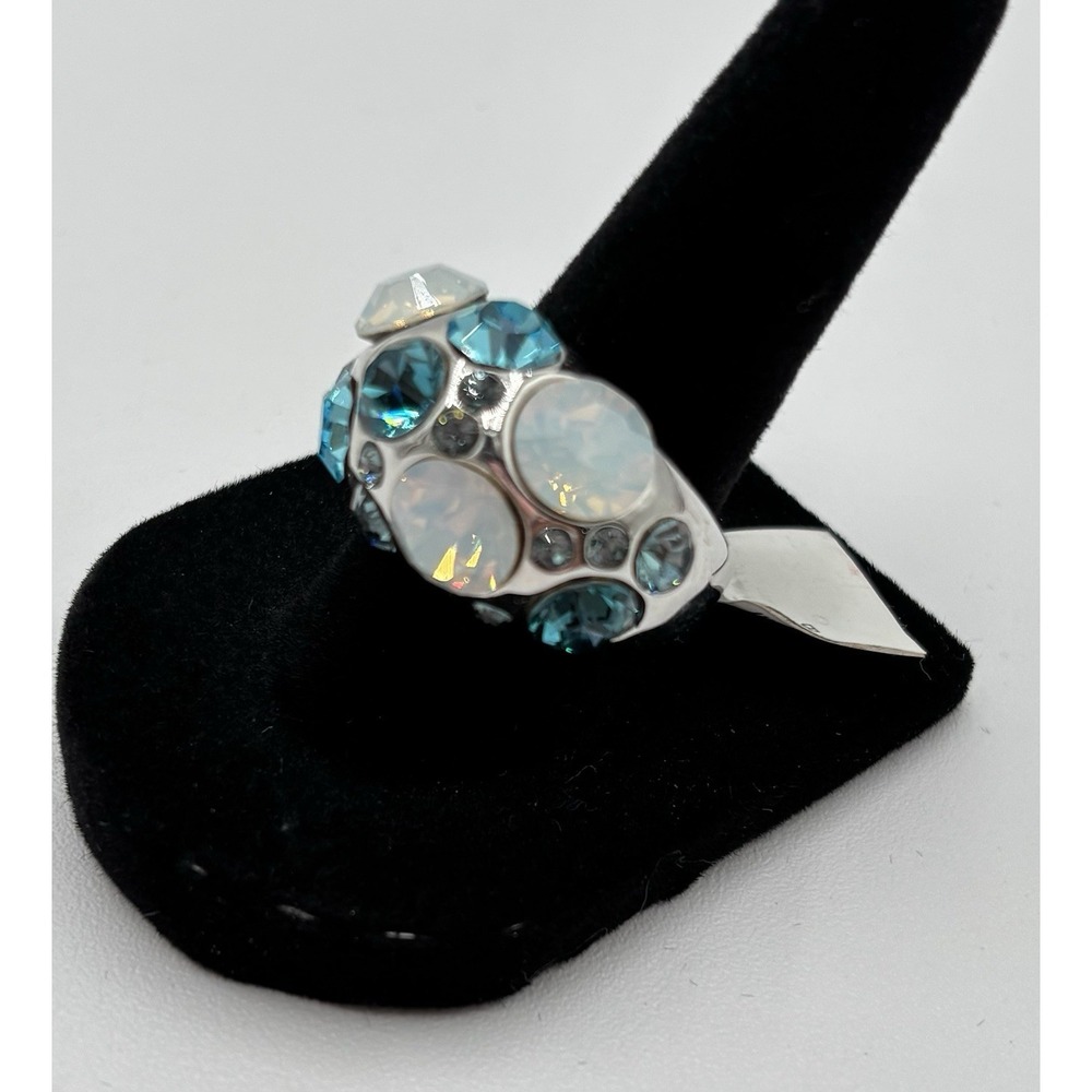 Statement Cocktail Ring Blue Crystal Opal Glass Silver Tone‎ Size 8